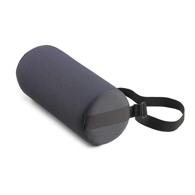 Coussin lombaire cylindrique noir avec sangle réglable.