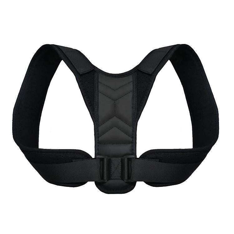 Correcteur de posture noir présenté seul, avec bretelles et boucle de réglage.