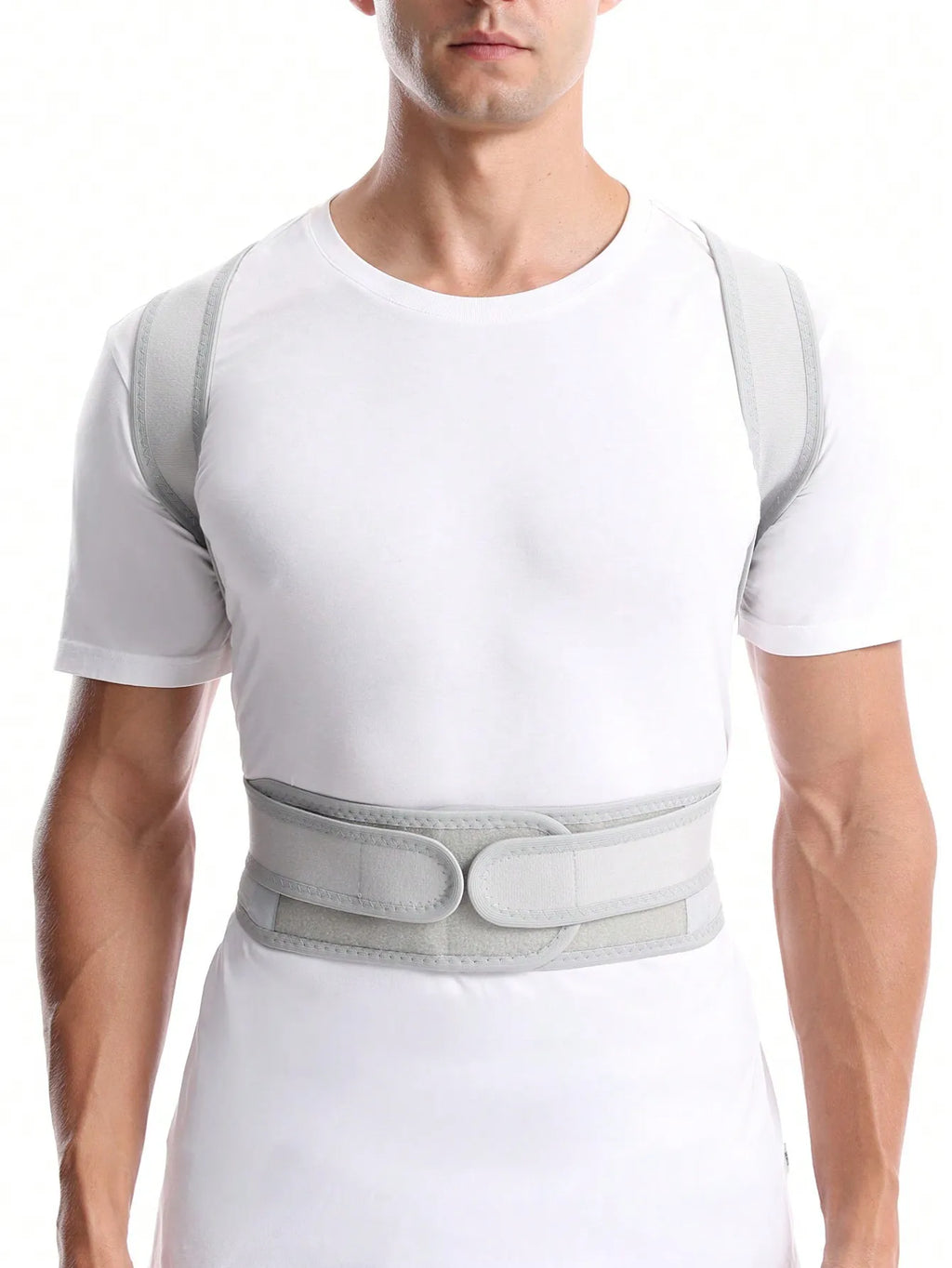 Vue de face du correcteur blanc cassé avec bretelles et ceinture fermée autour du buste.