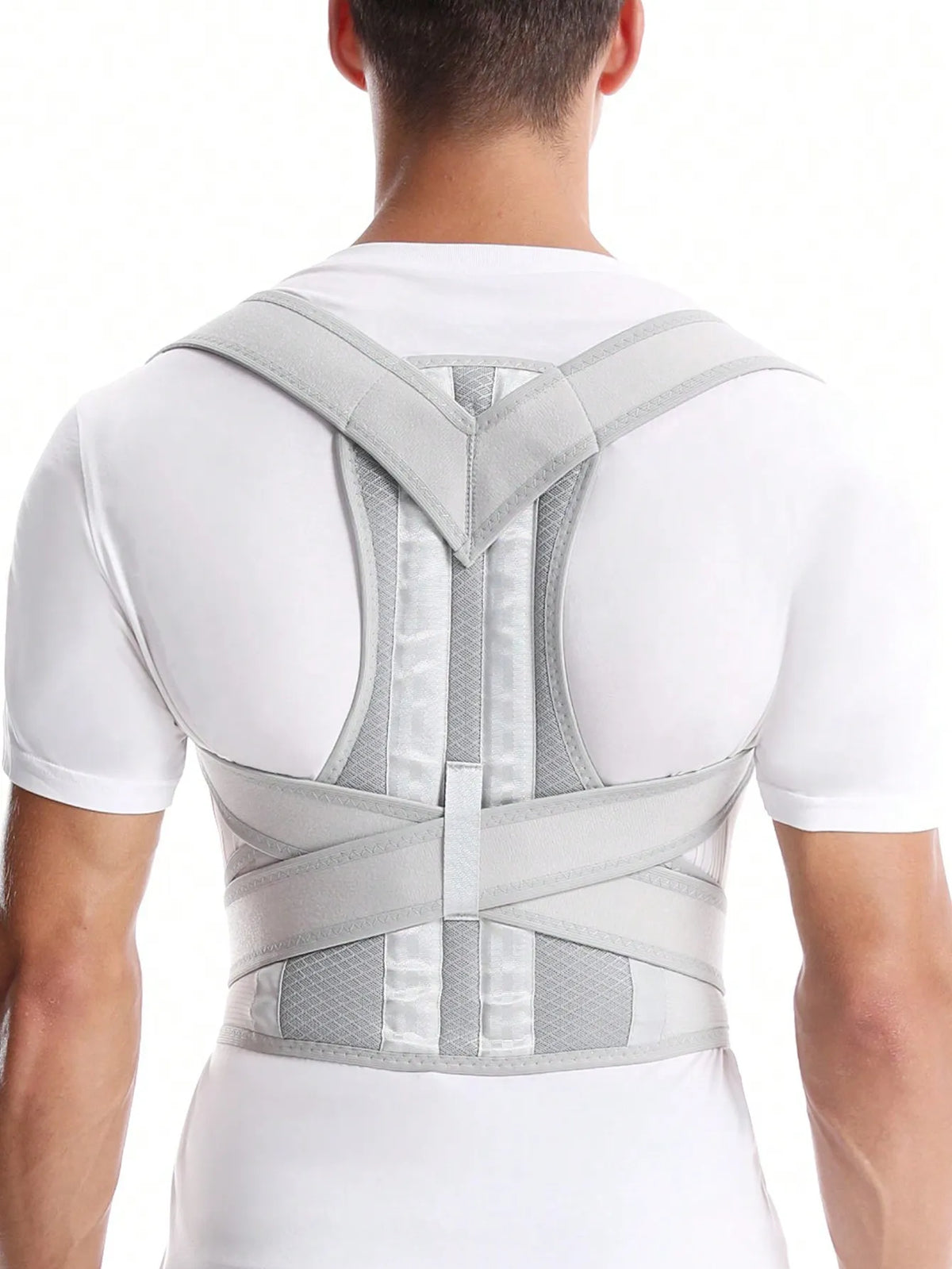 Vue de dos du correcteur blanc cassé avec sangles croisées et panneau dorsal.