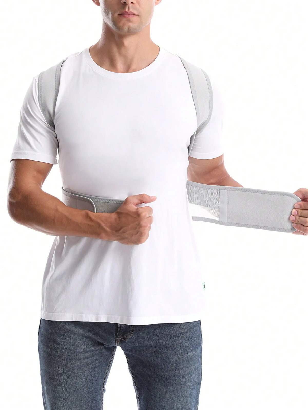 Réglage de la ceinture du correcteur blanc cassé, vu de face.